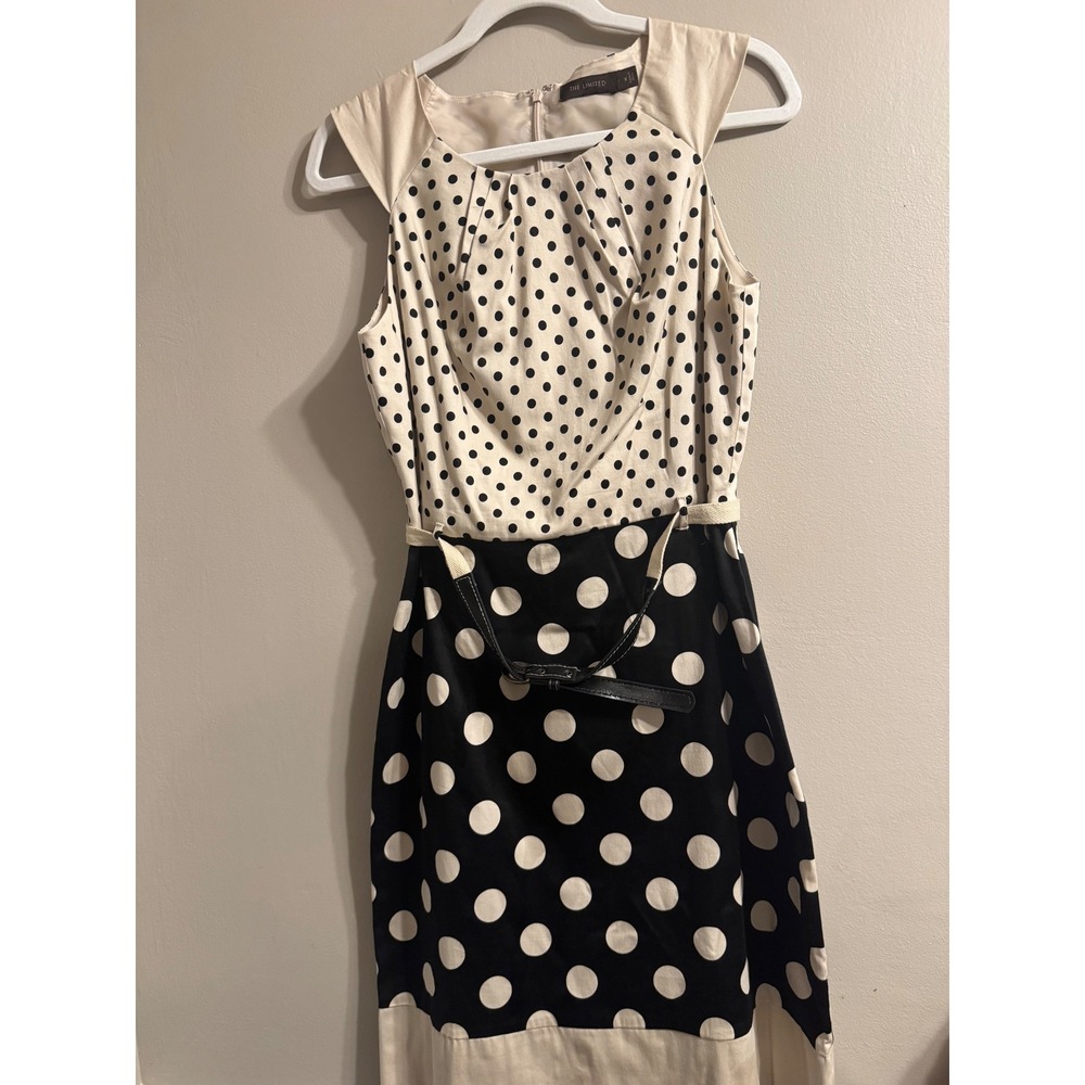 The Limited Polka Dot Sheath Dress Womens 8 Belted Cotton Stretch Career